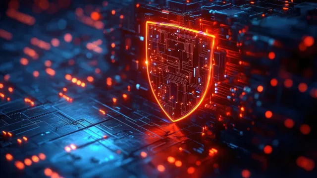 A glowing digital shield protects a complex circuit board surrounded by blue and orange light trails.