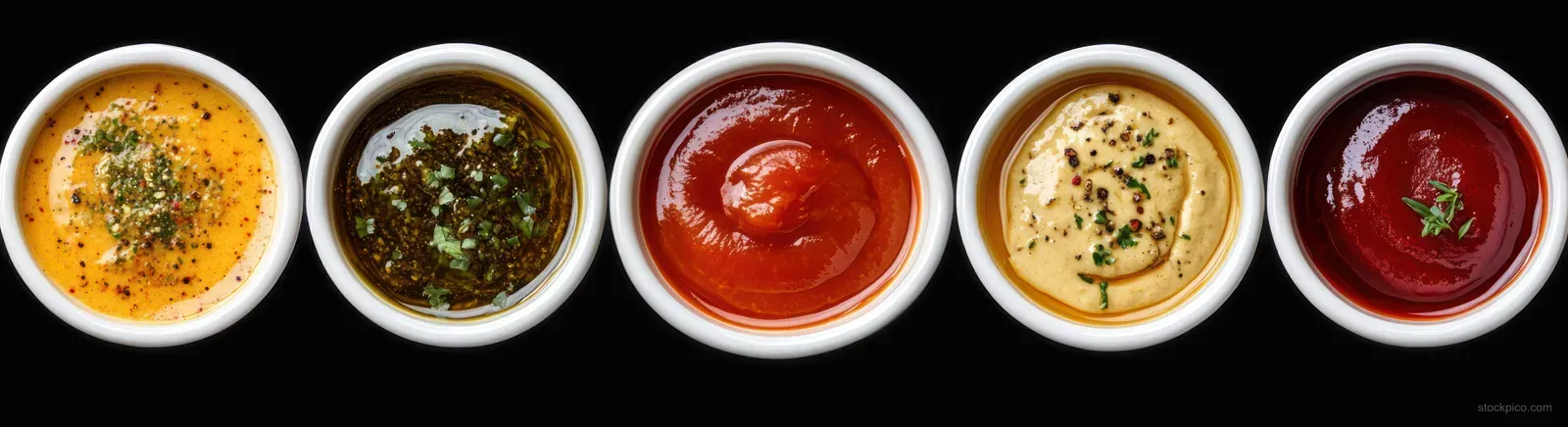 Five small white bowls of colorful sauces and herb dips arranged on a black background from above.