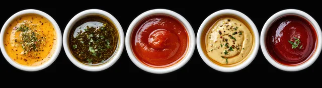Five small white bowls of colorful sauces and herb dips arranged on a black background from above.