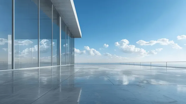Minimal business center interior with glass facade, empty concrete floor, blue sky view