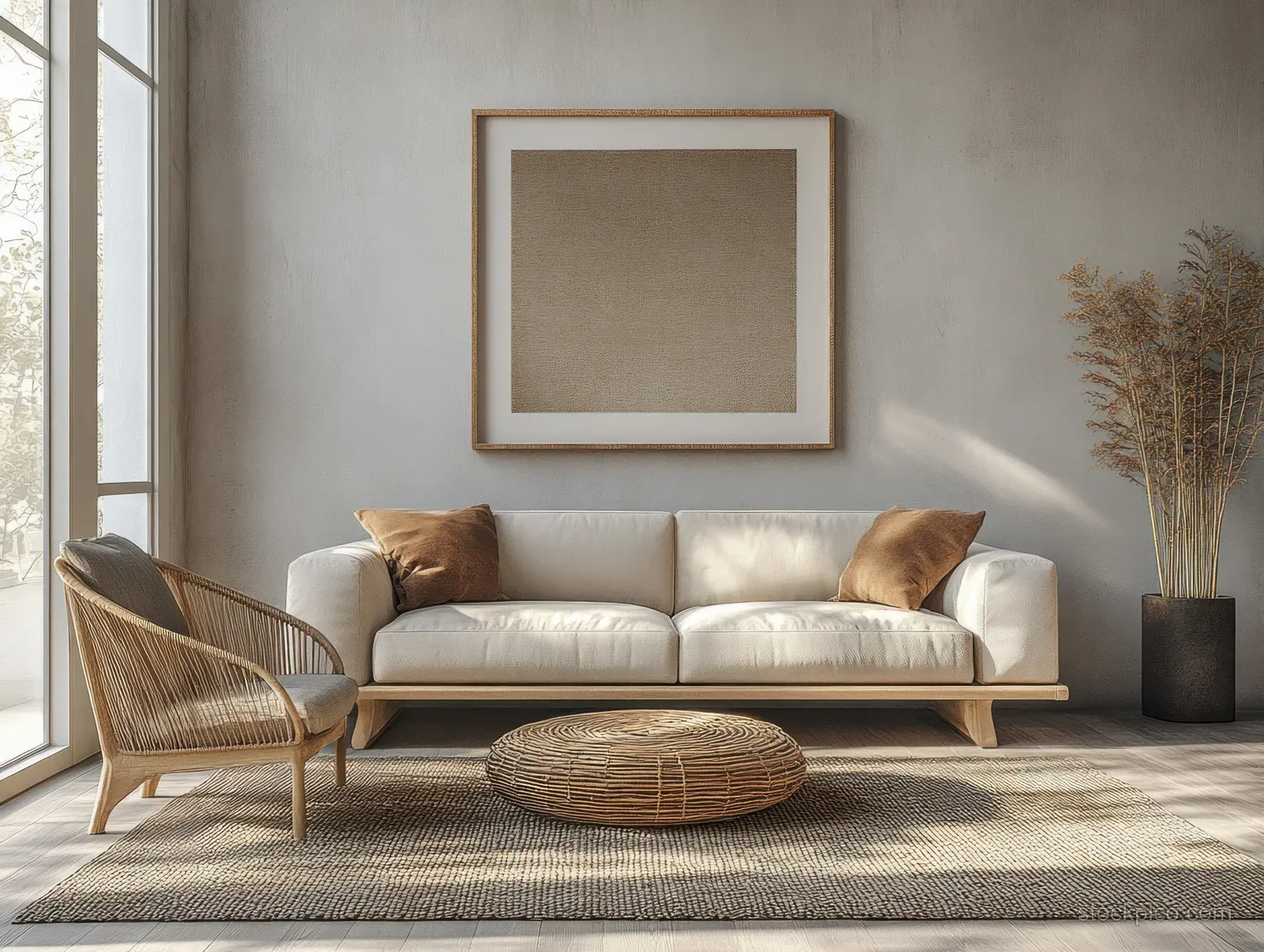 Sunlit Scandinavian living room with neutral sofa, framed wall art, and a warm fireplace in the background.