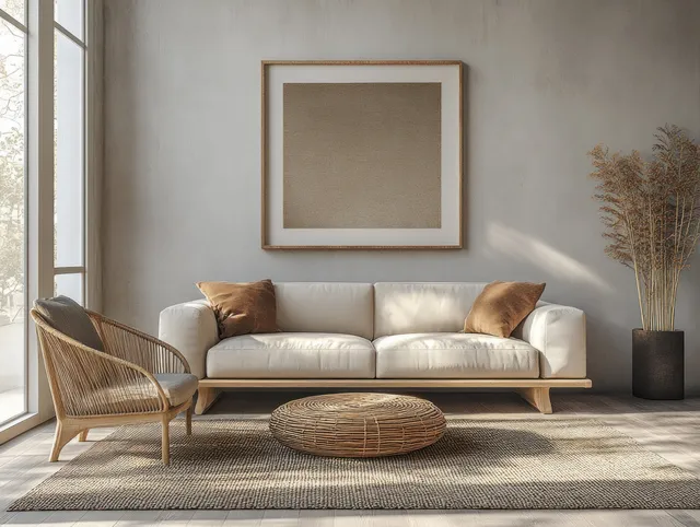Scandinavian living room with sunlit fireplace, neutral sofa, and framed wall art