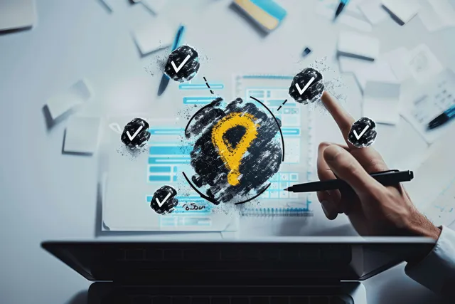 A person marks an approval checklist on a laptop screen with multiple check icons and a security key graphic.
