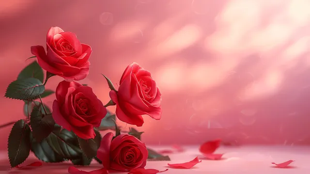 Red roses with green leaves sit on a pink gradient background as soft petals and bokeh lights float behind them.