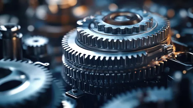 Interlocking shiny metal gears and cogs close up in an industrial machine with reflective highlights.