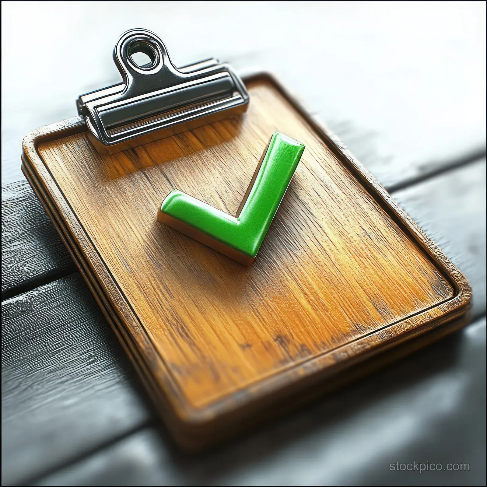 Wooden clipboard on a dark wood desk with a green checkmark symbol for approval.