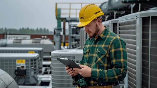 An HVAC technician in a yellow hard hat reviews notes on a clipboard beside rooftop air conditioning units.