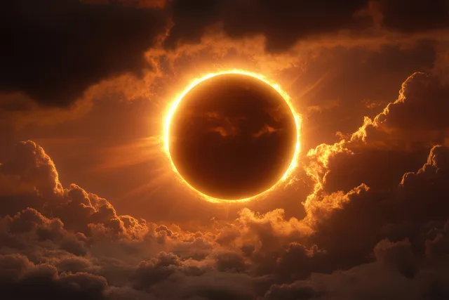 A dark moon silhouette eclipses the sun, creating a glowing golden ring corona among swirling clouds.
