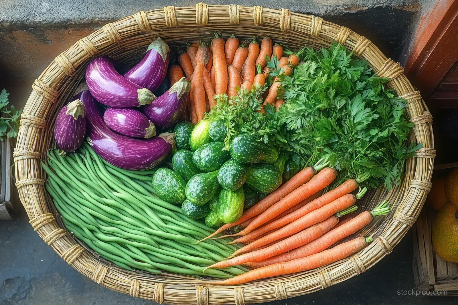 Top view of a woven basket holding purple eggplants, carrots, cucumbers, green beans, and parsley on stone.