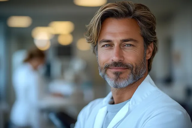 Smiling male dentist in white coat standing in a bright modern clinic hallway