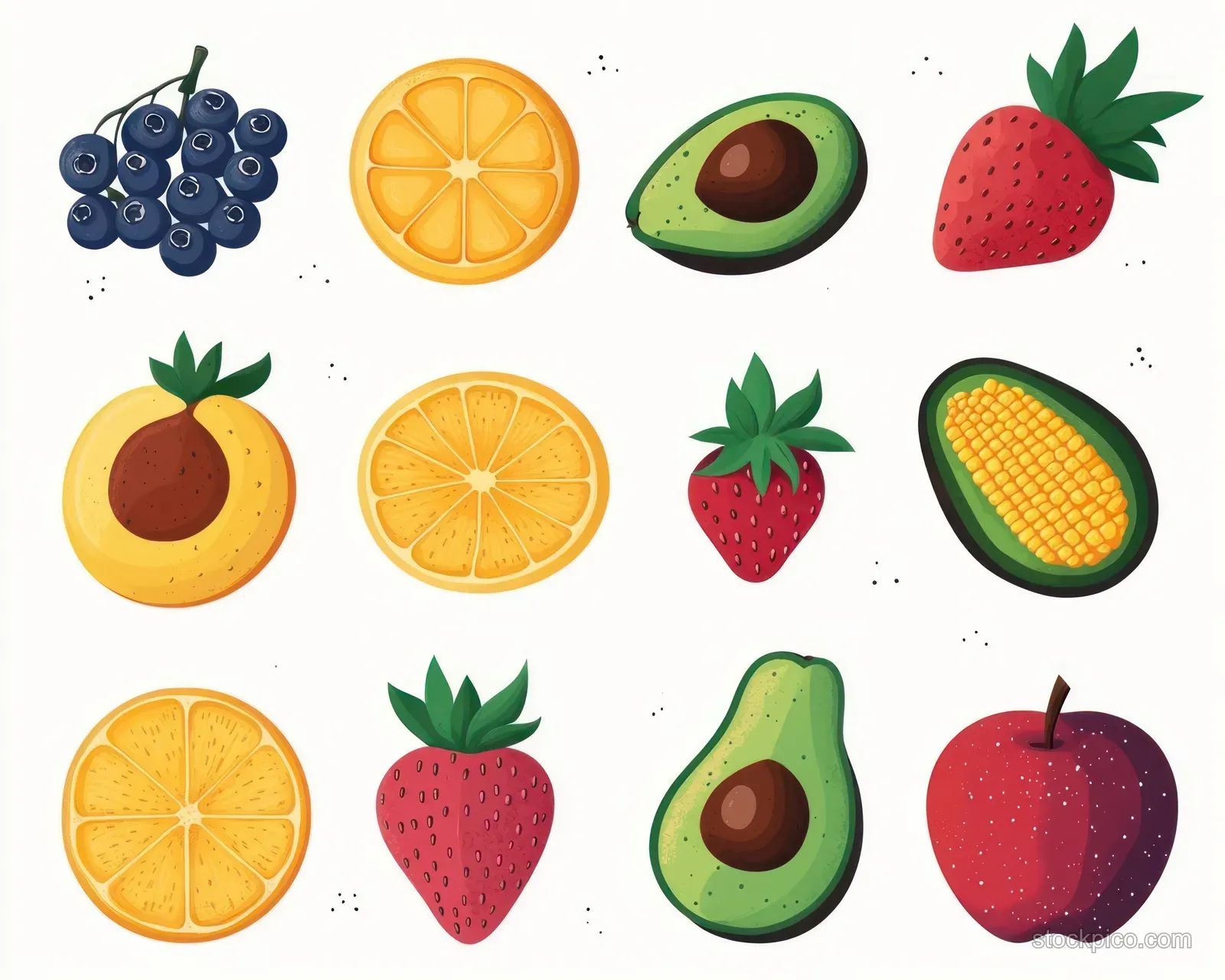Illustrated blueberries, strawberries, citrus slices, avocado halves, and an apple on a white background.