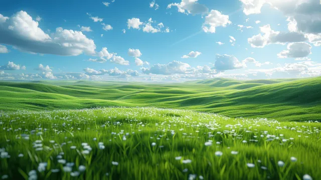Green spring meadow with wildflowers rolling across hills under bright blue sky