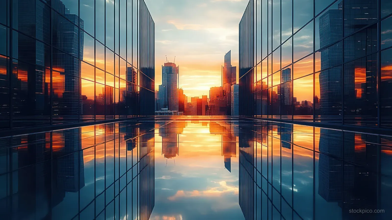 Sunset skyline of glass skyscrapers reflected in calm water with orange and blue sky symmetry.