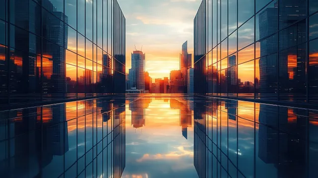 Sunset skyline of glass skyscrapers reflected in calm water with orange and blue sky symmetry.