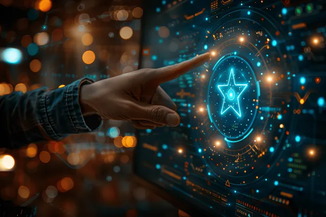 A businessman’s hand taps a glowing holographic quality badge surrounded by digital network data.