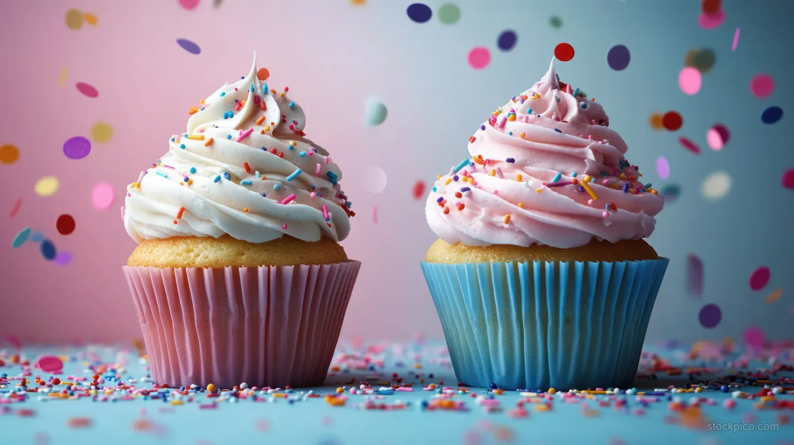 Two pastel cupcakes with swirled frosting on a baby shower background with colorful confetti and balloon accents.