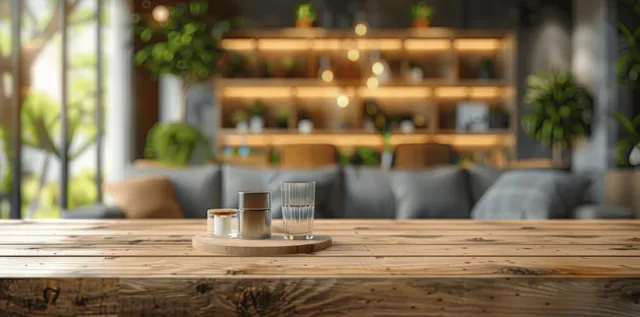 Wooden table foreground with small glass items and a softly blurred modern living room interior behind it.