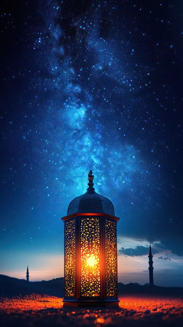 An ornate lantern glows on desert sand while the Milky Way and silhouetted minarets appear in a twilight sky.