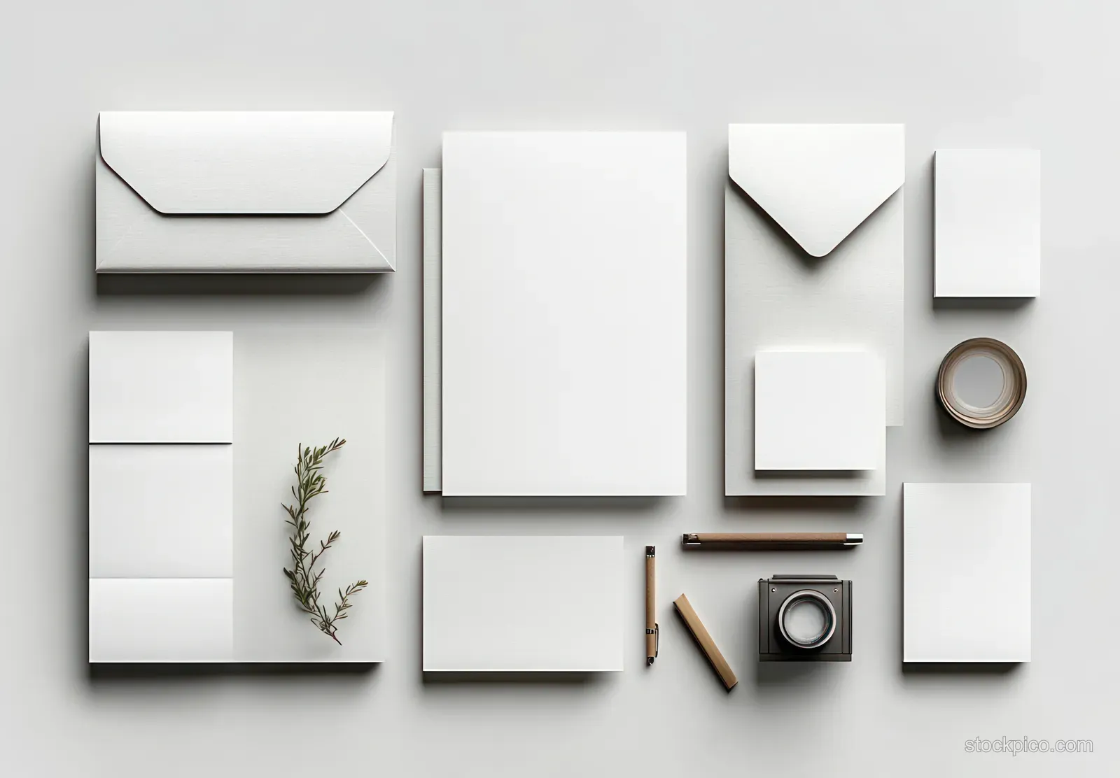 Blank stationery mockup shows letterhead, envelopes, cards, and a pencil on a clean desk with soft shadows.