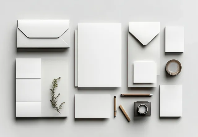 Minimal stationery set on desk with blank letterhead, envelopes, and soft shadows