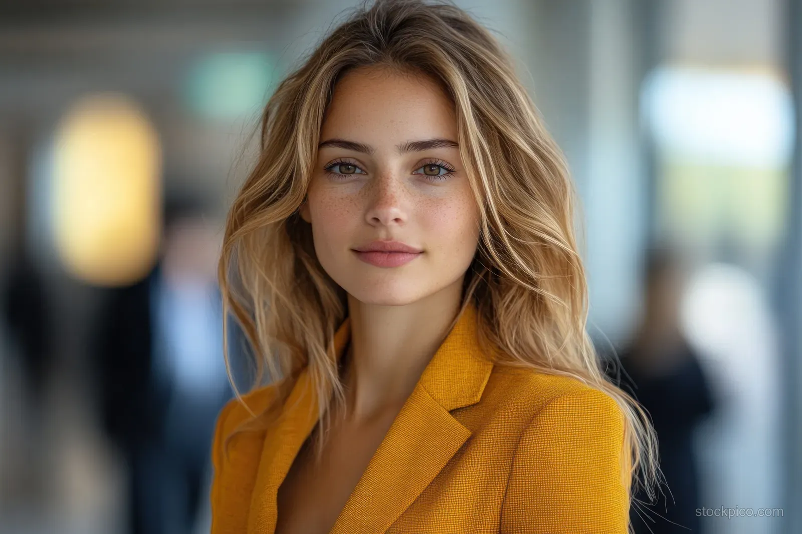 A woman in a yellow blazer stands in a blurred office hallway.