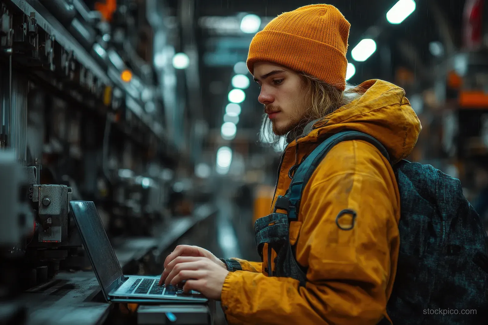 A yellow hard-hat engineer types on a laptop in a steel factory aisle with machinery in the background.