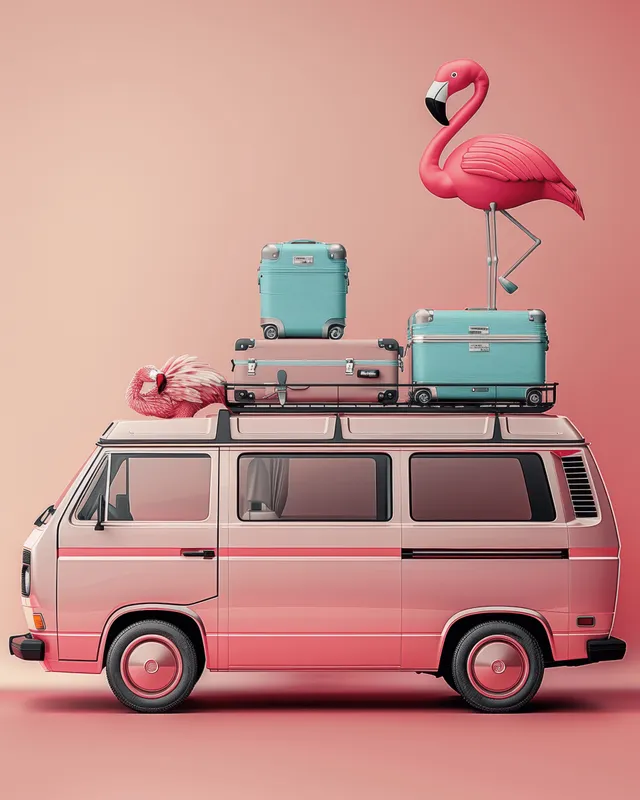 Pink van with suitcases and flamingo decorations parked on a pastel background with empty banner space.