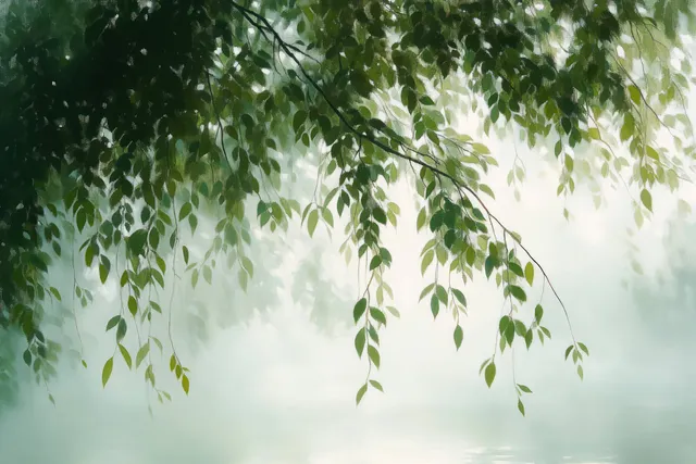 Green leaves hang from branches in a misty background with soft sunbeams behind blurred fog.