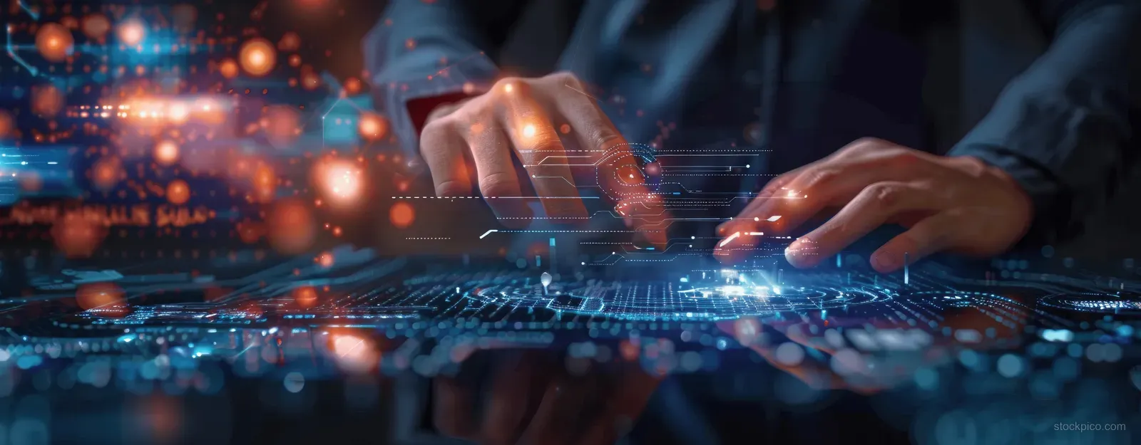 A businessman’s hands touch a glowing virtual AI interface over dark network data streams.