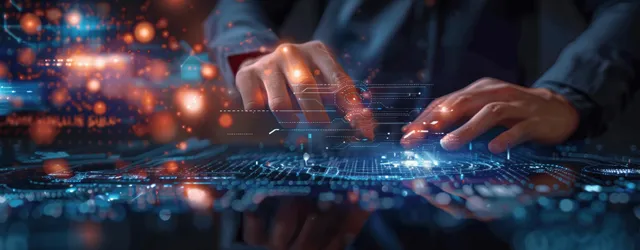 A businessman’s hands touch a glowing virtual AI interface over dark network data streams.