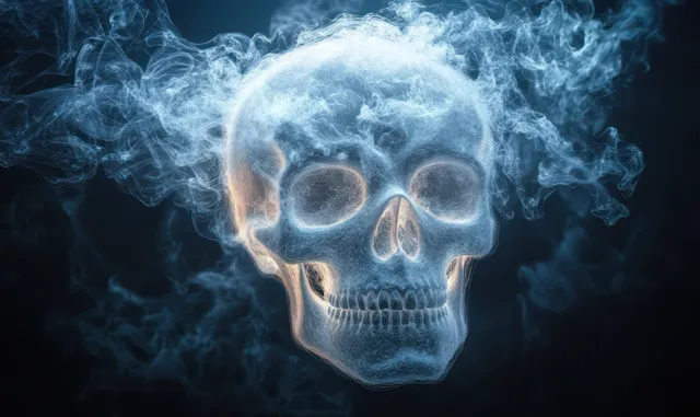 A glowing translucent blue human skull surrounded by swirling smoke on a dark background.