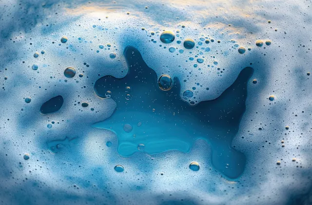 Blue liquid with bubbles and foam forming abstract patterns.