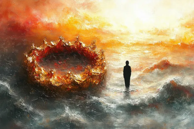 A lone silhouette stands in mist as a glowing molten crown burns across smoky orange firelight.