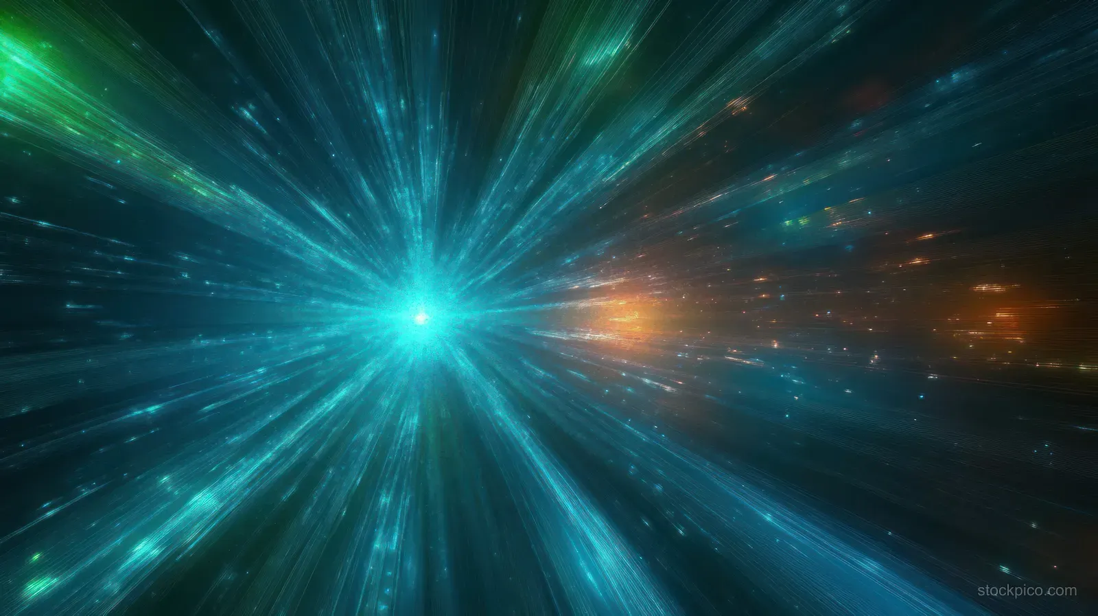 Green and blue light beams radiate outward from a glowing center with streaked motion on a dark background.