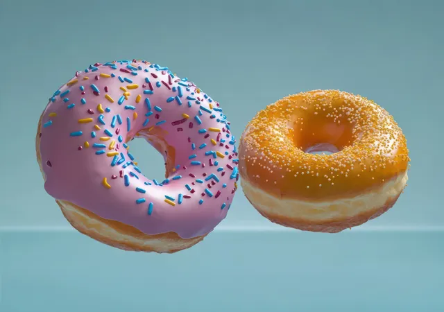 Two floating donuts on a blue background, one with pink icing and sprinkles and the other with orange icing and white sprinkles.