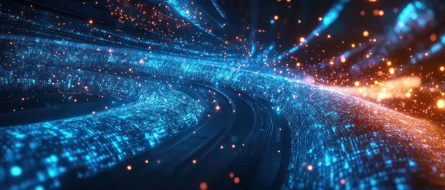 Glowing blue binary code streams through a curved neon digital pipeline in a cyber network corridor.