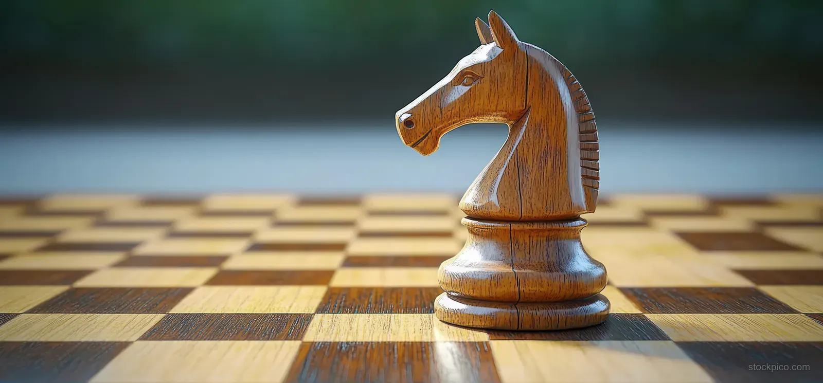 A wooden chess knight rests on a patterned chessboard square under warm light.