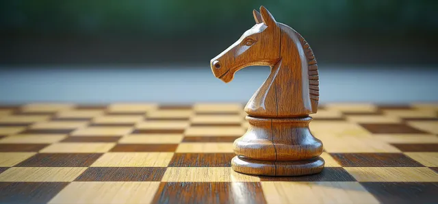 A wooden chess knight rests on a patterned chessboard square under warm light.