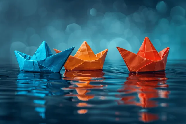 Colorful origami paper boats float on calm water with glowing blue bokeh behind them and reflections on the surface.