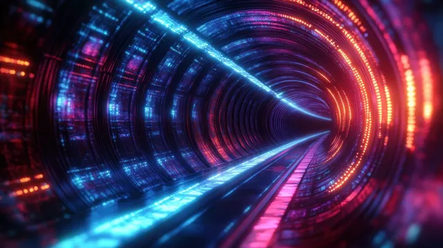 Inside a futuristic tunnel with curved blue and orange LED arcs and reflective surfaces converging toward a bright vanishing point.