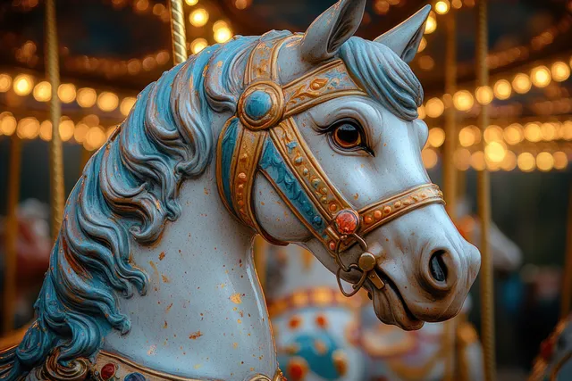 Close-up of a decorated carousel horse lit by warm Christmas lights with blurred festive background.