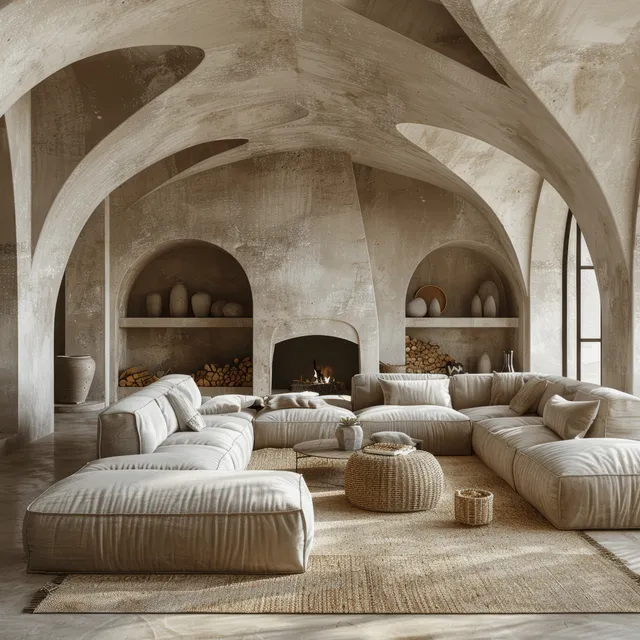 Minimalist living room with arched stucco ceiling, curved sofas, built-in shelves, and a glowing fireplace at night.