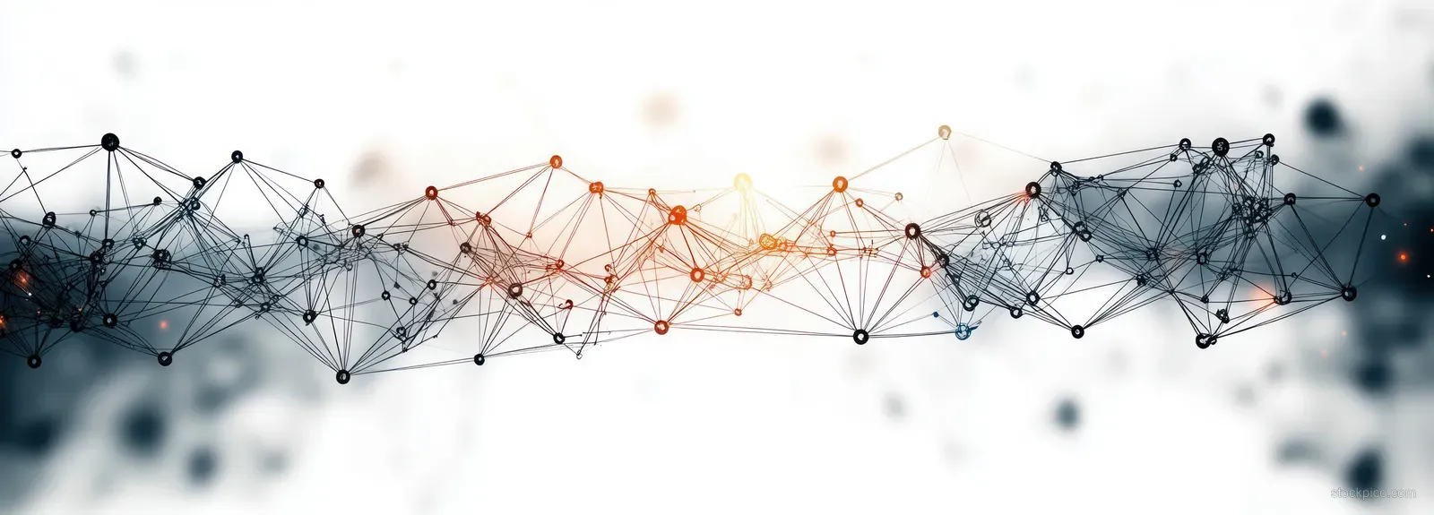 An abstract network of glowing nodes and connected lines stretches across a blurred gradient background.