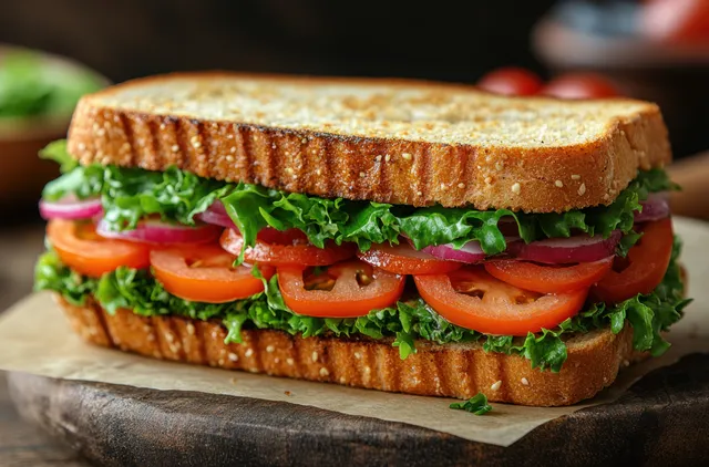 Close-up vegan sandwich with tomato and lettuce stacked on rustic bread, garnished with herbs on a wooden board.