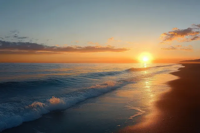 Golden sunrise over ocean waves rolling onto a quiet beach at horizon