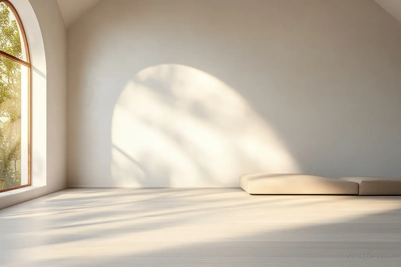 Minimalist white room interior with a window, soft natural light, and an empty display platform with gentle shadows.
