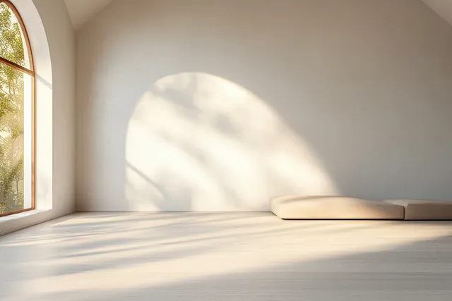 Minimalist white room interior with a window, soft natural light, and an empty display platform with gentle shadows.