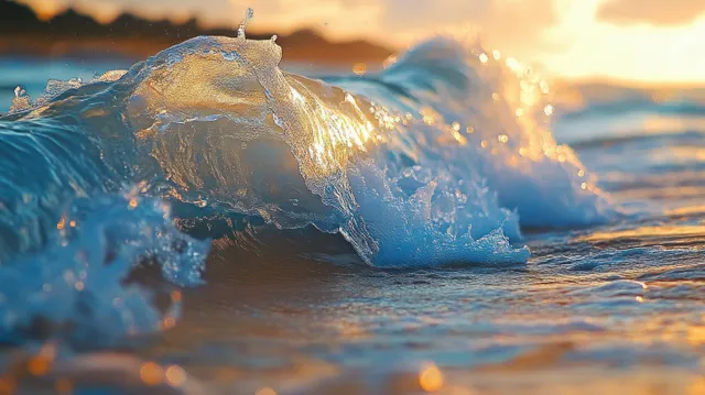 Close-up ocean waves splashing toward shore as golden sunset light sparkles on foam