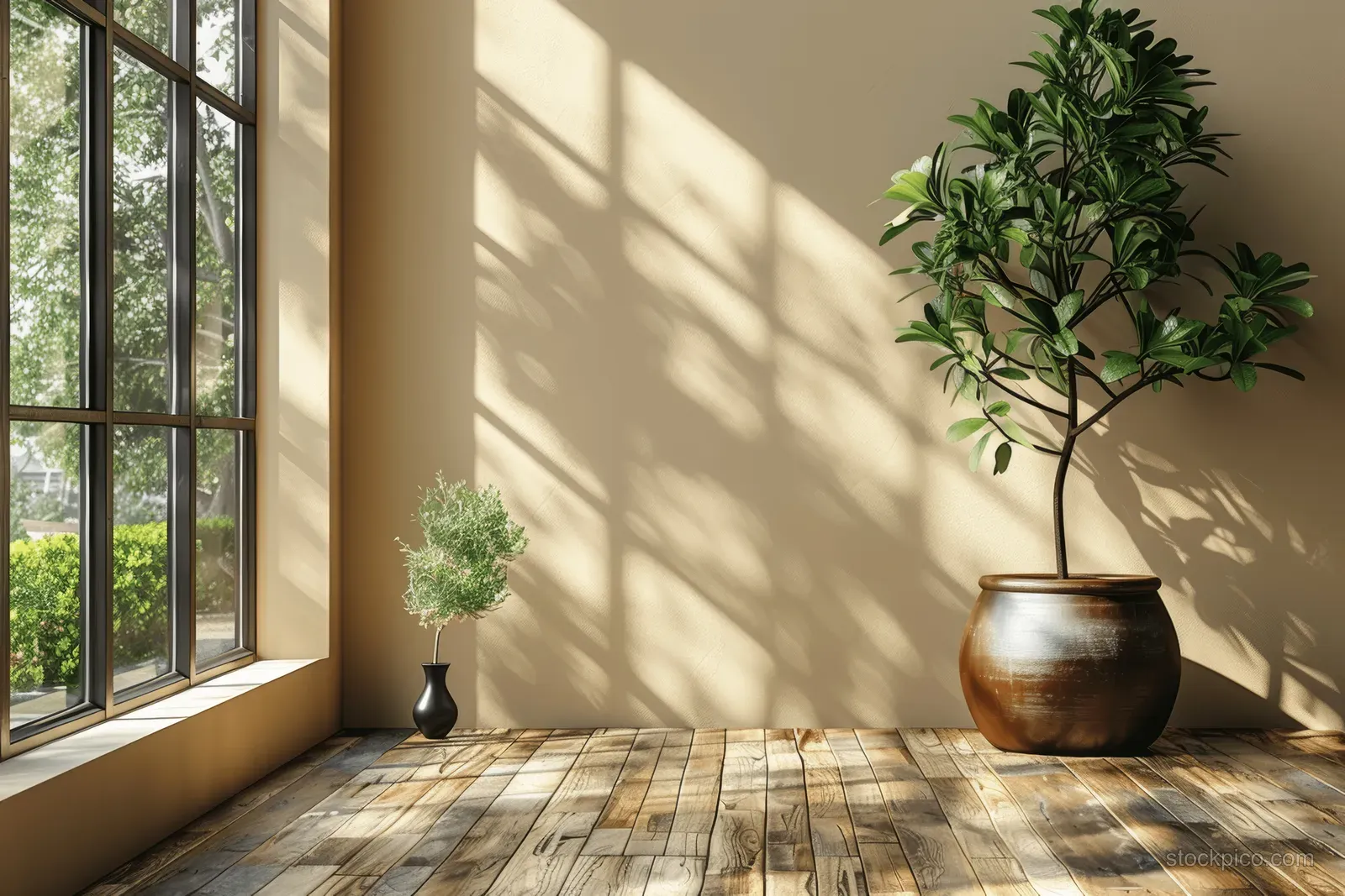 Sunlit corner interior with beige walls, wooden parquet floor, and two potted plants casting window shadows.