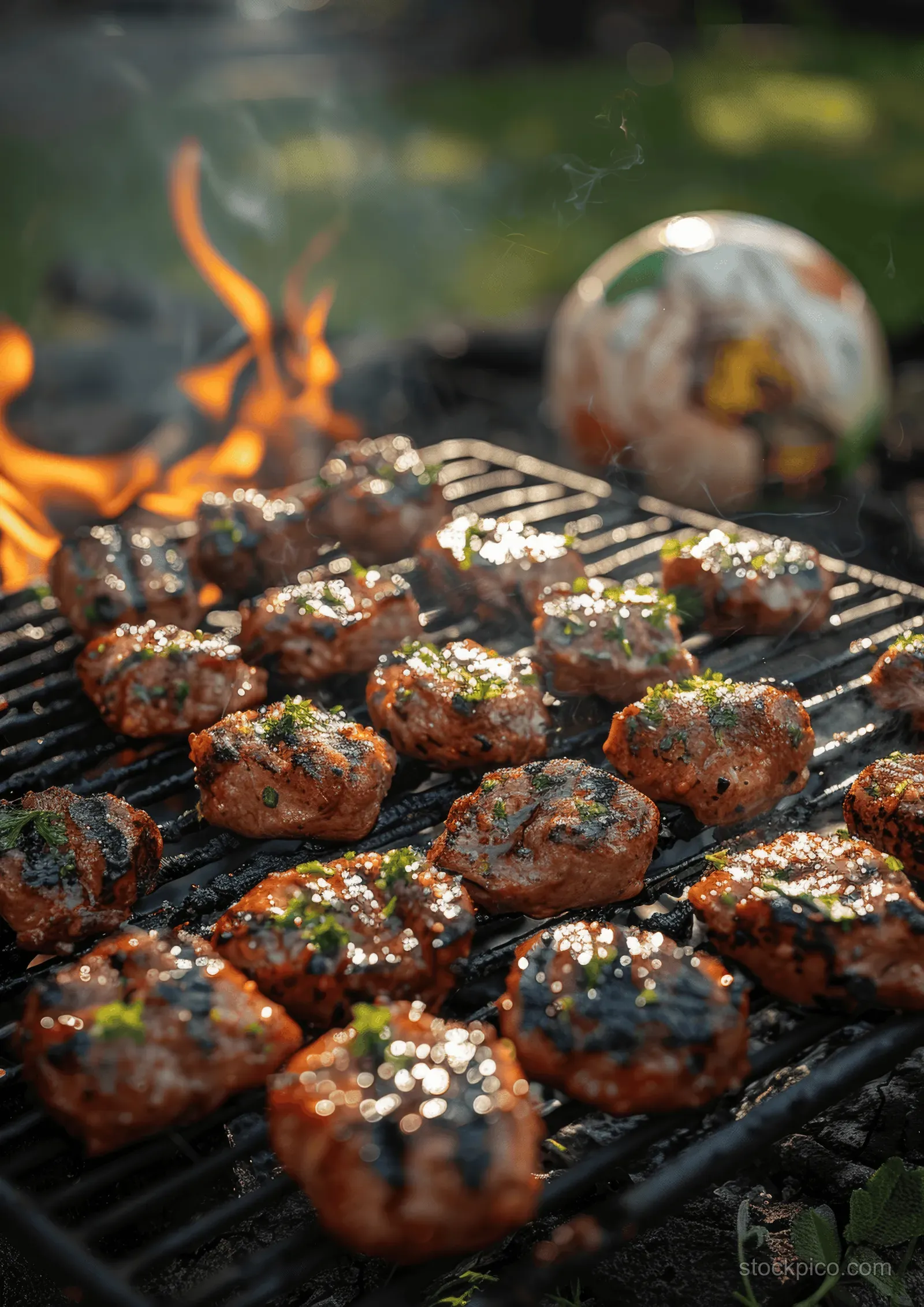 Sizzling sausages and grilled vegetables on a barbecue grill in a summer meadow with a soccer ball nearby.